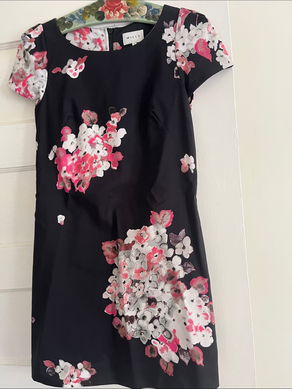 Milly Black Floral Shift Dress with Pink & White Blossoms size 4